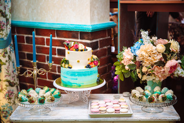 Candy bar. Table with sweets, candies, dessert