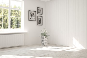 Fototapeta premium White empty room with green landscape in window. Scandinavian interior design. 3D illustration