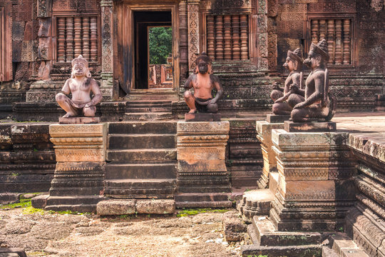 Karuda Bird Gardians Carvings at Banteay Srei Red Sandstone Temple, Cambodia
