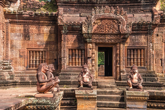 Karuda Bird Gardians Carvings at Banteay Srei Red Sandstone Temple, Cambodia
