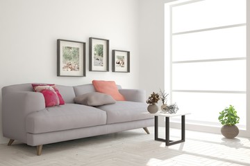 Fototapeta na wymiar White modern room with sofa. Scandinavian interior design. 3D illustration