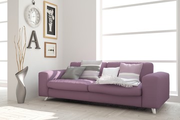 White modern room with sofa. Scandinavian interior design. 3D illustration