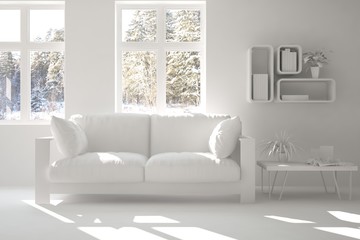 White room with sofa and winter landscape in window. Scandinavian interior design. 3D illustration