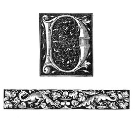 XVI century artworks, decorated capital letter D and typographic floreal border