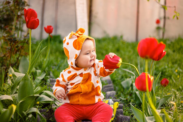 cheerful little girl sitting in grass looking at tulips . kid plays outside. Happy child playing alone in spring garden