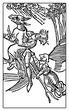 Flying witches with animal heads, medieval engraving