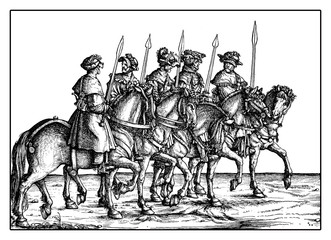 Obraz premium Wild boar hunters from Triumph of Maximilian I, monumental woodcut prints from many artists of XVI century