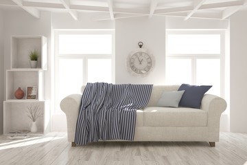 Fototapeta premium White modern room with sofa. Scandinavian interior design. 3D illustration