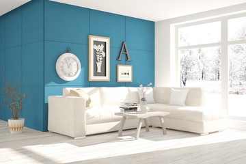 White room with sofa and winter landscape in window. Scandinavian interior design. 3D illustration