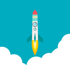 Rocket ship in a flat style. illustration with 3d flying rocket.Space travel to the moon.Space rocket launch.Project start up and development process.Innovation product,creative idea. Management.