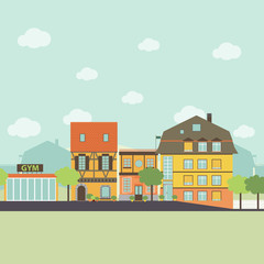 Small urban town life infographic elements. Flat design style illustration