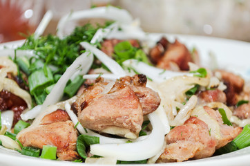 The pieces of pork on the plate, cooked on the grill. Selective focus