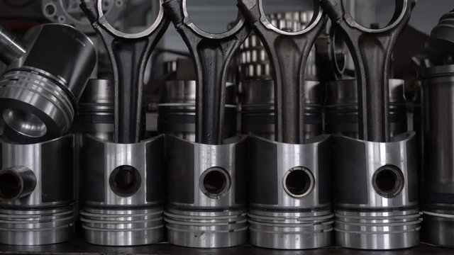 Pistons of the engine with connecting rods. Spare parts for diesel engine.
