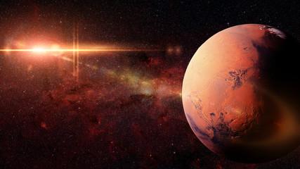 planet Mars in front of the Milky Way galaxy and the sun