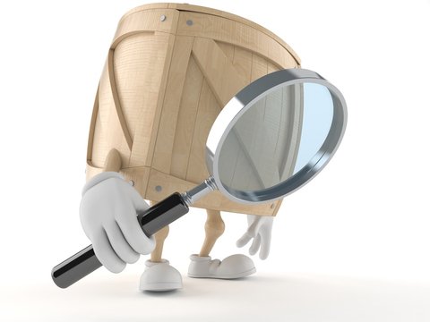 Crate character looking through a magnifying glass