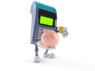 Credit card reader character with piggy bank