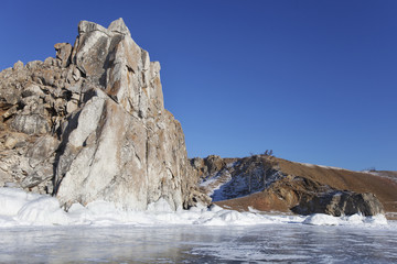 Fototapeta na wymiar Shamanka rock. Lake Baikal. Winter landscape