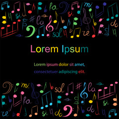 Colorful Hand Drawn Different  Music Symbols.  Doodle Treble Clef, Bass Clef, Notes and Lyre on Black. Template with Place for Text in Center. Vector Illustration.