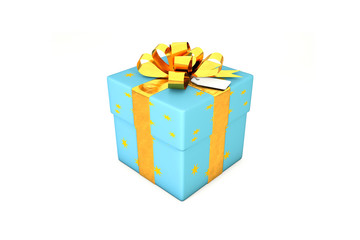 3d illustration: Light blue gift box with yellow star, golden metal ribbon / bow and tag on a white background isolated.
