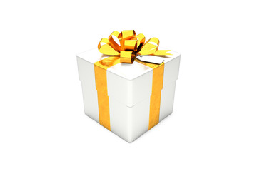 3d illustration: Metal silver gift box with golden metal ribbon / bow and tag on a white background isolated.