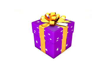 3d illustration: Purple - violet gift box with star, golden metal ribbon / bow and tag on a white background isolated.