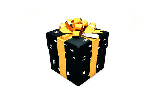 3d illustration: Black gift box with star, golden metal ribbon / bow and tag on a white background isolated.