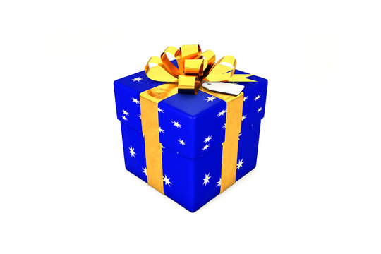3d illustration: Bright dark blue gift box with star, golden metal ribbon / bow and tag on a white background isolated.