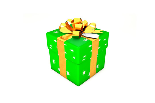3d illustration: Bright green gift box with star, golden metal ribbon / bow and tag on a white background isolated.