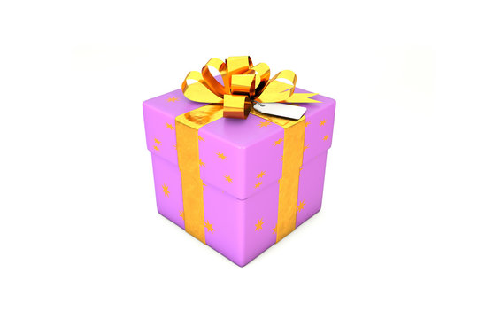 3d illustration: Light purple - violet gift box with star, golden metal ribbon / bow and tag on a white background isolated.