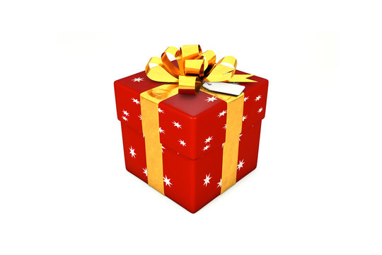 3d illustration: Red-scarlet gift box with star, golden metal ribbon / bow and tag on a white background isolated.