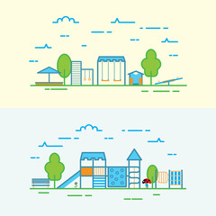 Childrens Playground with swings. Kids Playground drawn in a line icons. Kids playing equipment playground infographic set.
