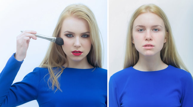 girl collage, comparison portrait of woman with and without makeup