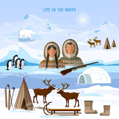 Wild north arctic people in traditional eskimos costume and arctic animals. Life in the far north. Reindeer, polar day and polar night. Extreme journey to Alaska