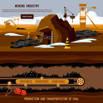 Process Of Coal Mining, Bulldozers, Conveyor Cartoon. Excavator Working On Open Pit Coal Mine Banner