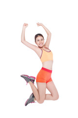 beautiful sporty woman doing exercise, isolated on white background in full length