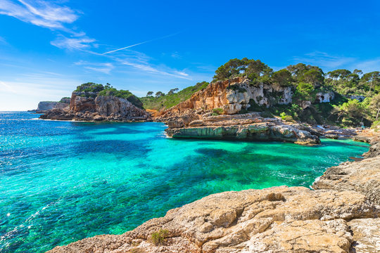 Picturesque seascape of the bay of Cala S'Almunia on Majorca Spain, Mediterranean Sea