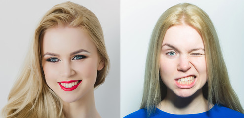 happy woman or girl comparative portrait with and without makeup