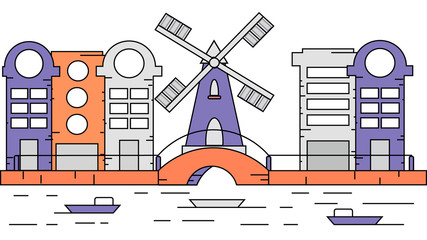  Amsterdam city in flat line trendy style.  European old town. Mill. City landscape. Flat design style.