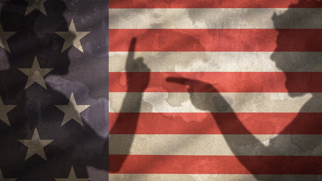 Two Angry Men Shadow Screaming at Each Other. Usa Flag Background.