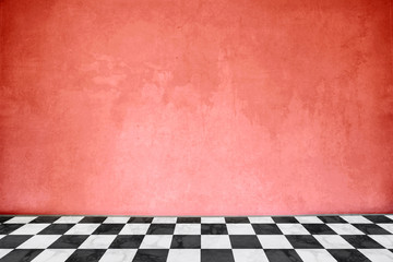Red wall and chess floor