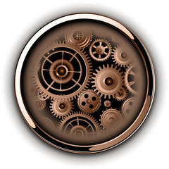 Fototapeta premium Button shiny, chrome metallic with machinery cog gears inside,