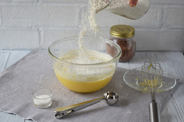 The process of preparing cake in the kitchen, ingredients closeup horizontal