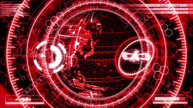 3D Red Rotating HoloMatrix Earth with Navigation HUD in the Center