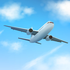 Plane flies high in the clouds, a bottom view. A realistic aircraft and clouds. Vector.