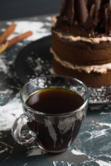 Chocolate cake on the rustic background. Selective focus.