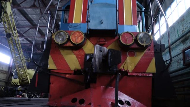 Diesel locomotive garage. Train maintenance shop.
