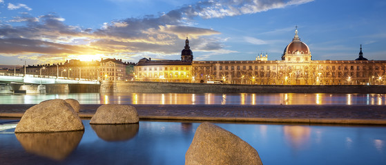 View from Rhone river in Lyon city at sunset