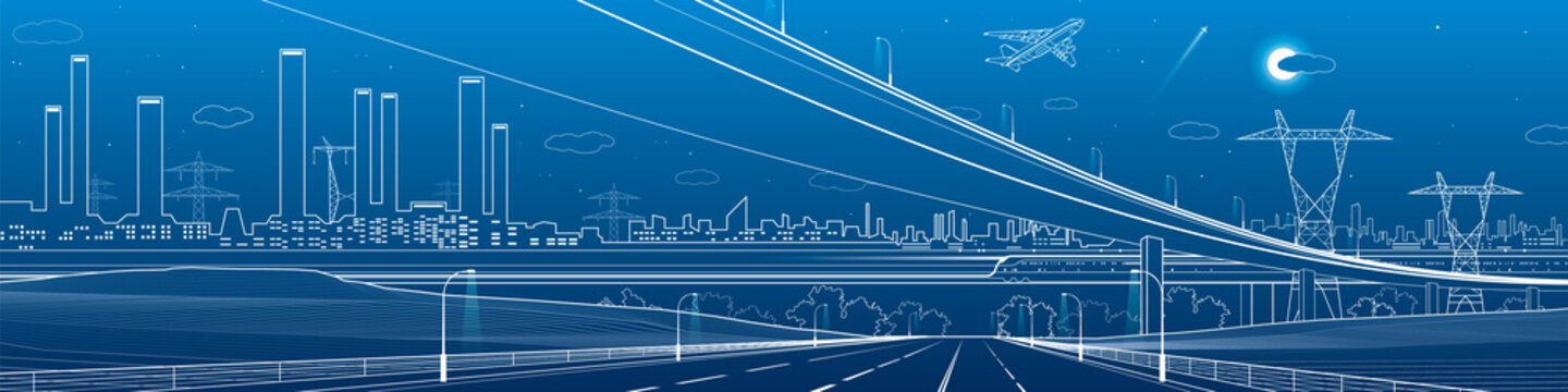 Infrastructure panorama. Large empty highway. Big overpass. Airplane fly. Industrial landscape on background. Pipes and plants, power lines, urban scene, vector design art 