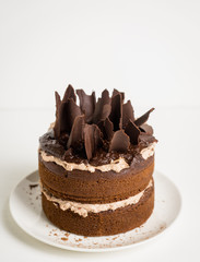 Chocolate cake on the rustic background. Selective focus.