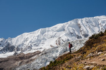 Naklejka premium Trekker in front of Manaslu glacier on Manaslu circuit trek in Nepal
